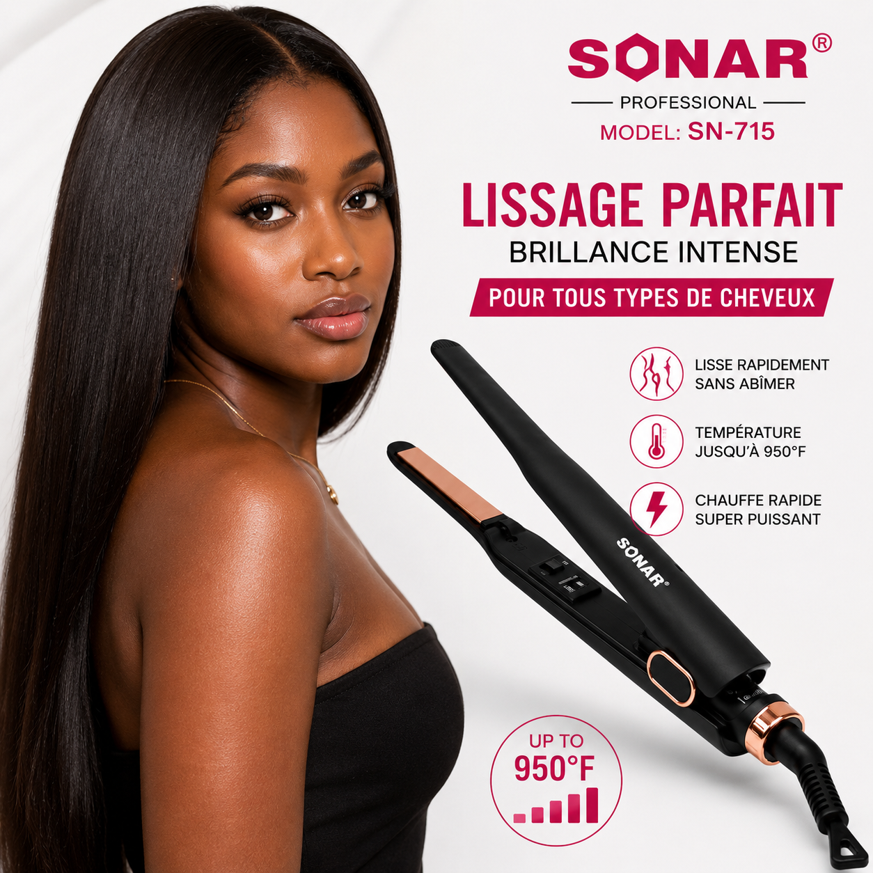 Fer à Lisser Professionnel SONAR SN-715 – Lisseur Céramique Haute Température 950°F