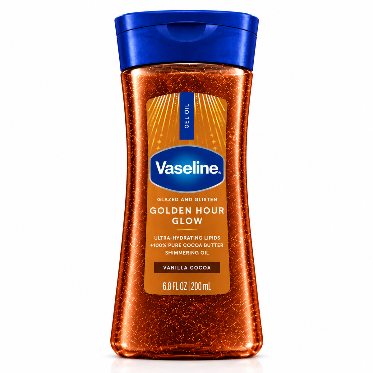Vaseline Glazed & Glisten Golden Hour Glow – Gel-Huile Corporel Scintillant au Beurre de Cacao – Vanilla Cocoa – 200 ml