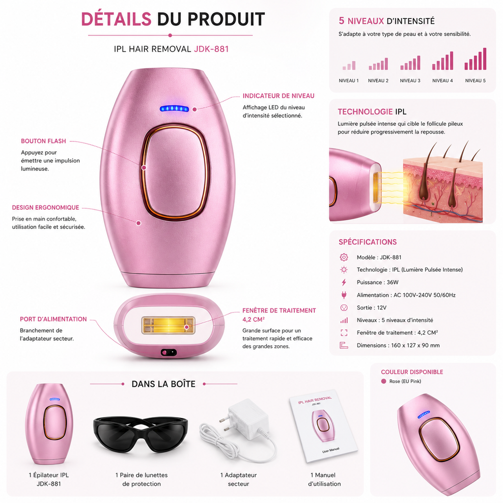 Épilateur IPL Professionnel JDK-881 – Lumière Pulsée – Rose