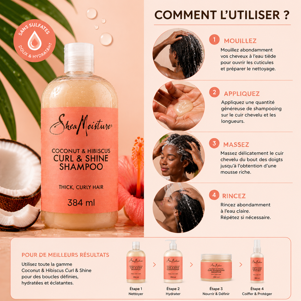 SheaMoisture Coconut & Hibiscus Curl & Shine Shampoo 384ml – Shampooing Boucles & Brillance Pour Cheveux Bouclés, Frisés & Crépus