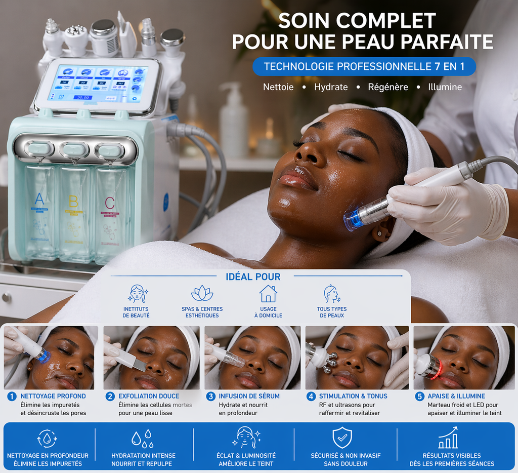 Machine Hydra Facial 7 en 1 Professionnelle – Nettoyage Profond, Hydro Dermabrasion, RF, Ultrason & Spray Hydratant