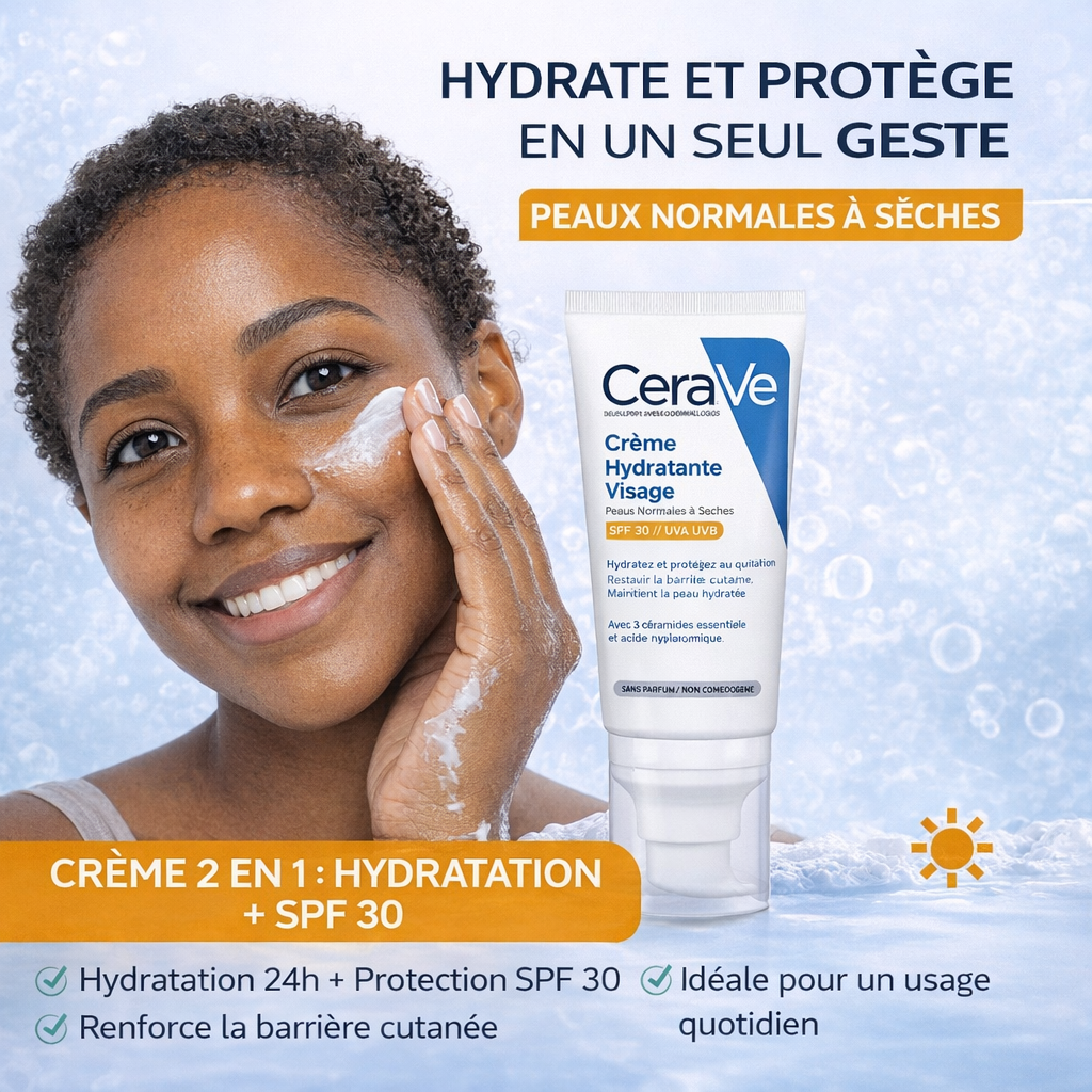 CeraVe Crème Hydratante Visage SPF30 – Hydratation & Protection UV – Peaux Normales à Sèches