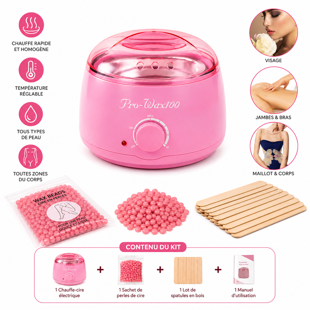 Kit Épilation Complet Chauffe-Cire – Appareil + Perles + Spatules (Rose)