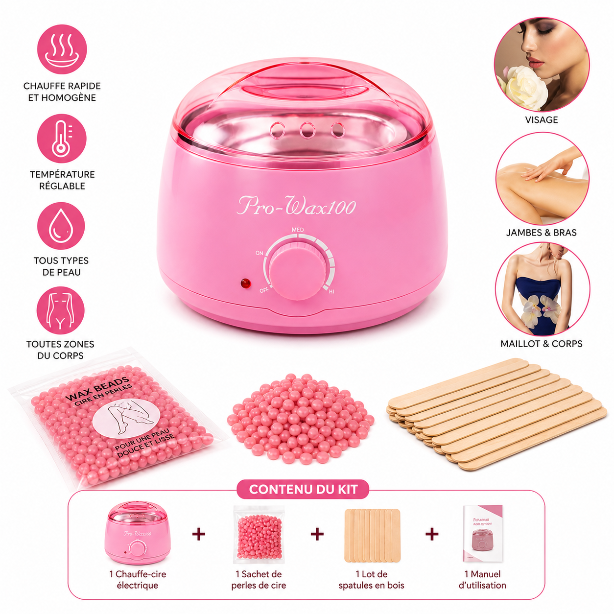 Kit Épilation Complet Chauffe-Cire – Appareil + Perles + Spatules (Rose)