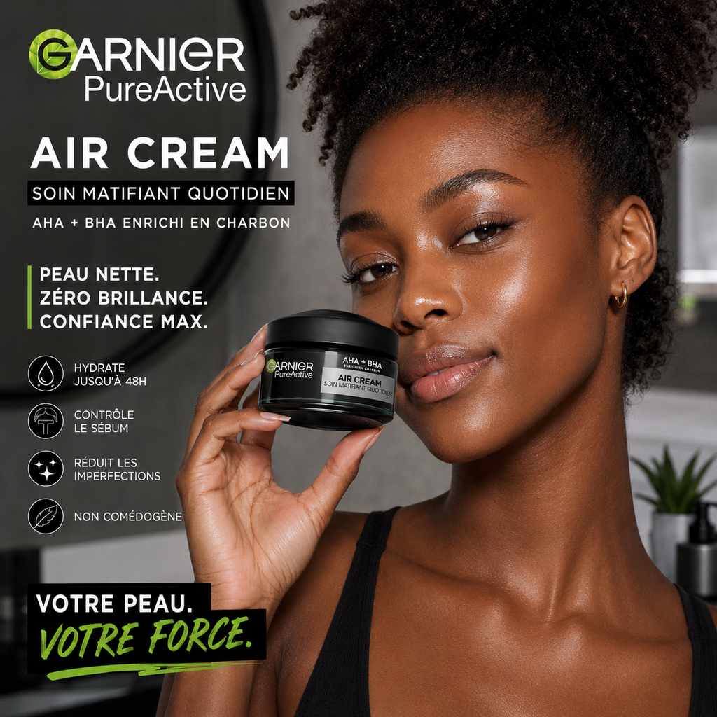 Garnier Pure Active Air Cream – Soin Matifiant Quotidien 3-en-1 AHA + BHA Enrichi En Charbon