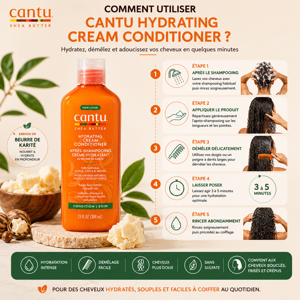 Cantu Shea Butter Hydrating Cream Conditioner – Après-Shampooing Hydratant Sans Sulfate Pour Cheveux Bouclés, Frisés & Crépus