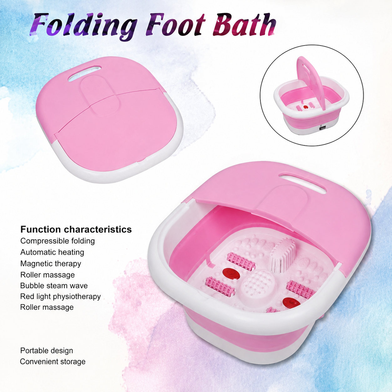 Bain de Pied Pliable Multifonction Chauffant – Massage & Relaxation SPA à Domicile (Rose / Gris)