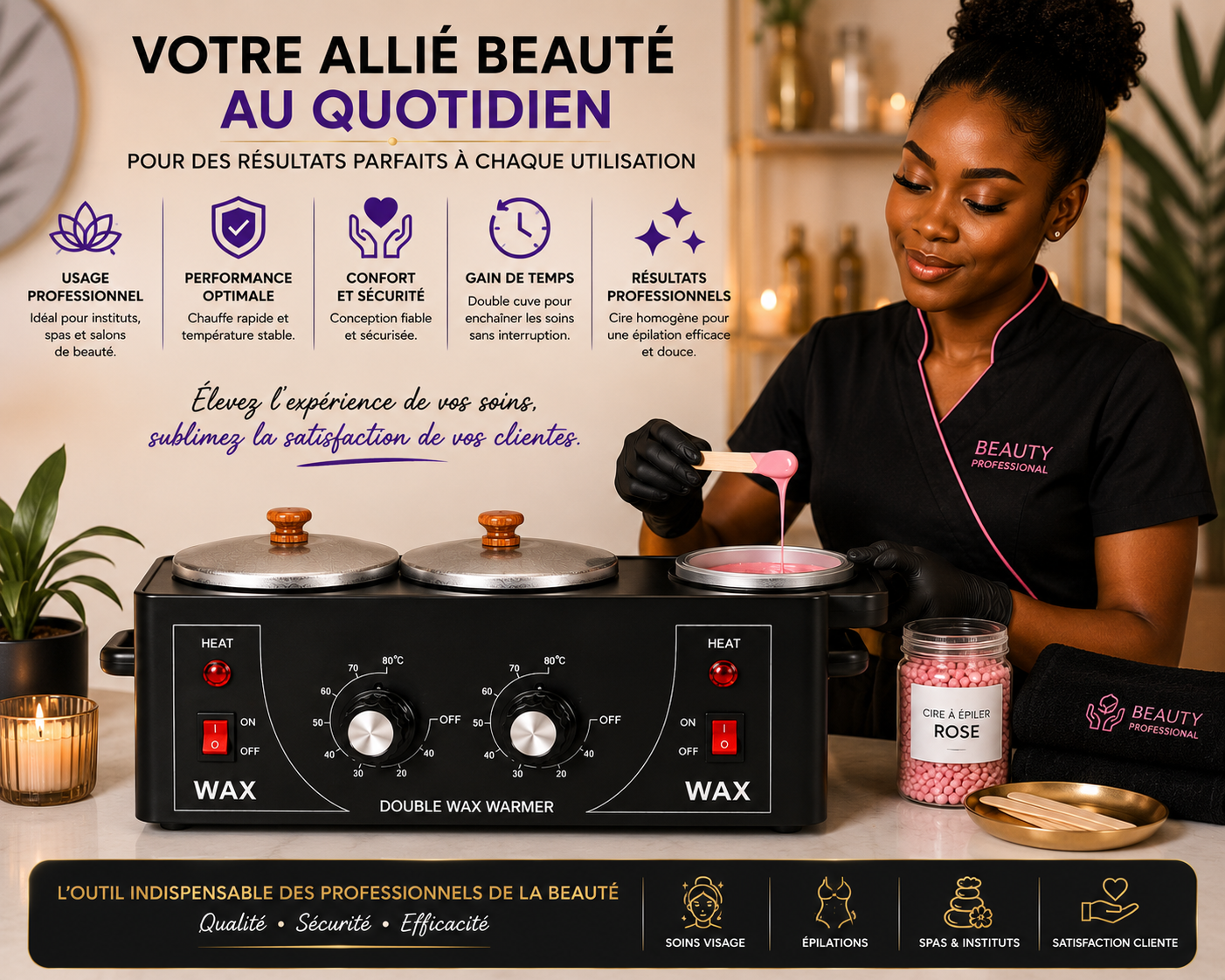 Chauffe-Cire Double Cuve Professionnel – Appareil Épilation 2 Bacs Réglables