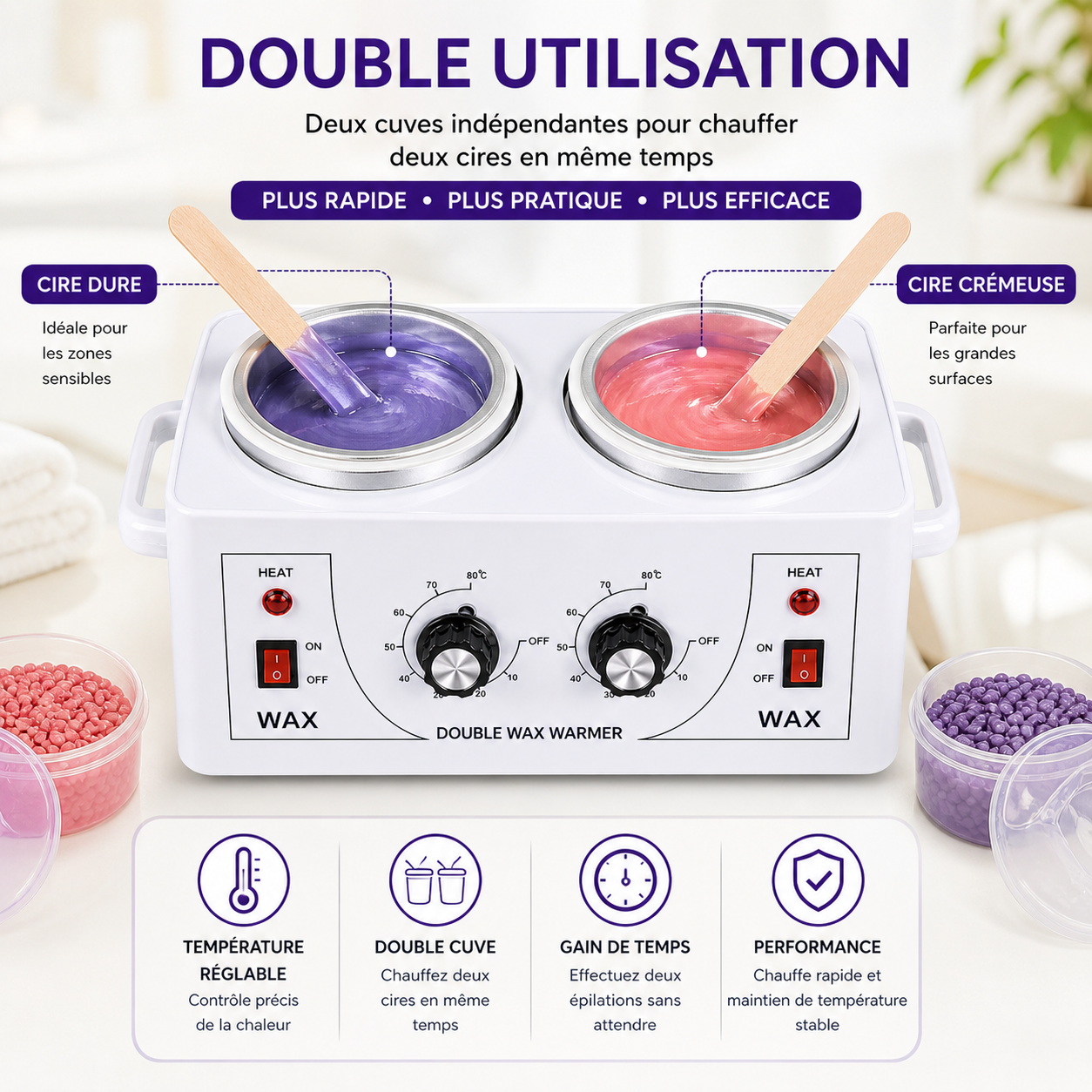 Chauffe-Cire Double Cuve Professionnel – Appareil Épilation 2 Bacs Réglables