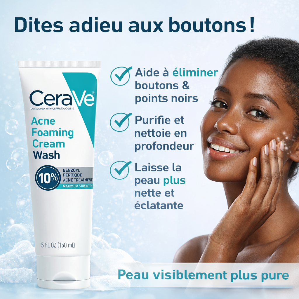 CeraVe Nettoyant Moussant Anti-Acné 10% Peroxyde de Benzoyle – Visage & Corps – 150ml