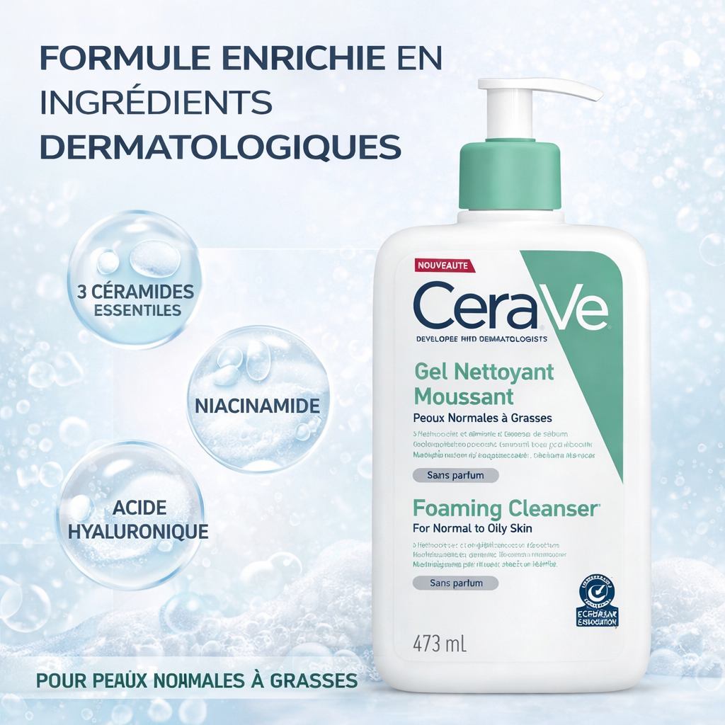 CeraVe Gel Nettoyant Moussant Peaux Normales à Grasses – Foaming Cleanser (236ml / 473ml)