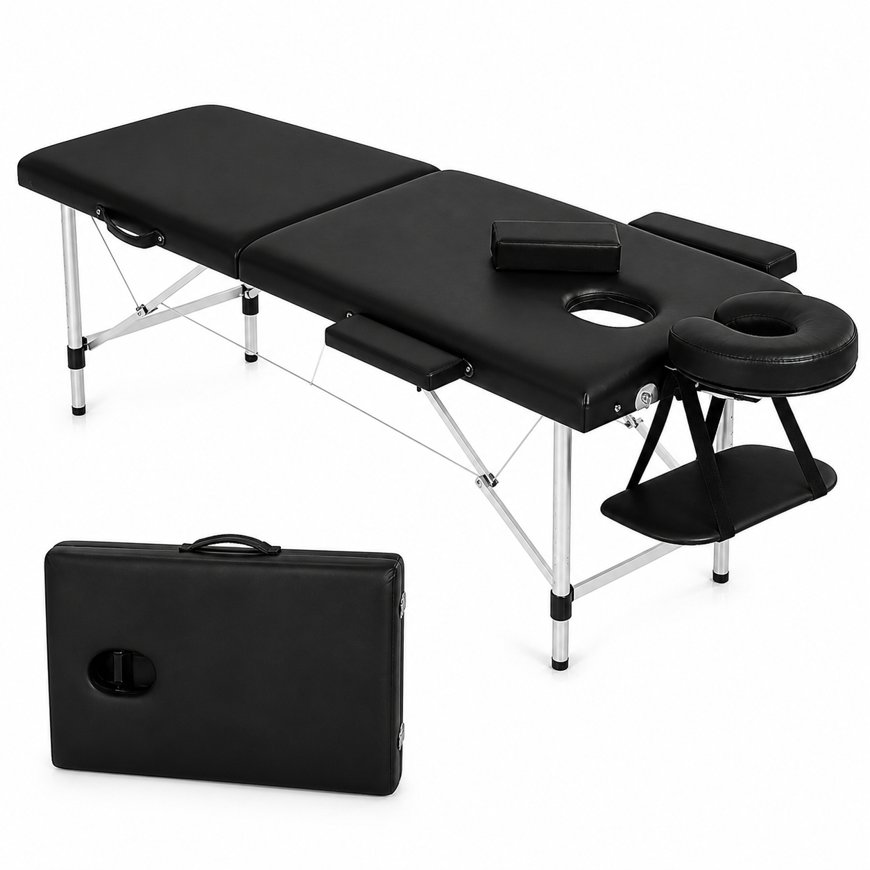 Table de Massage Pliante Professionnelle 2 Zones  – Structure Métal, Portable & Réglable - Avec Sac (Noir)