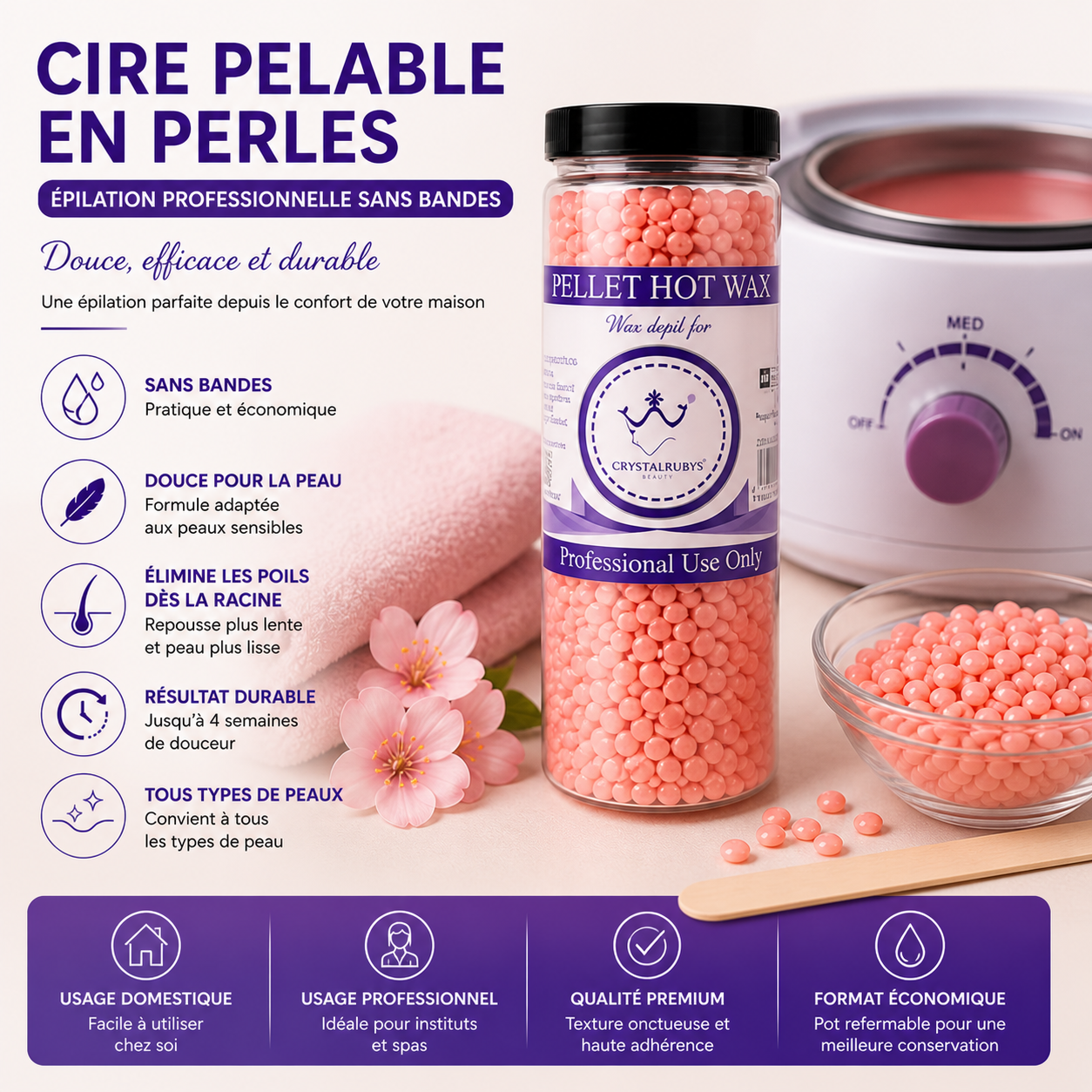 Cire Pelable en Perles Rose – Cire Épilation Sans Bandes Usage Professionnel