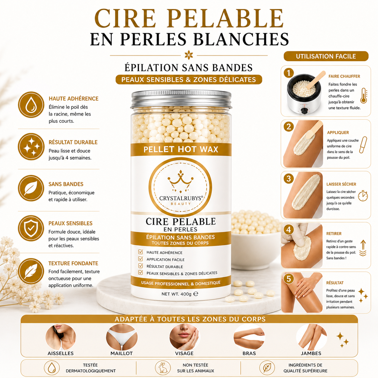 Cire Pelable en Perles Blanches – Épilation Sans Bandes Haute Précision