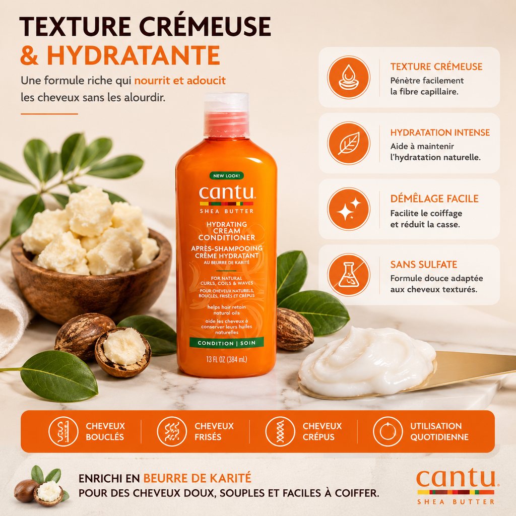 Cantu Shea Butter Hydrating Cream Conditioner – Après-Shampooing Hydratant Sans Sulfate Pour Cheveux Bouclés, Frisés & Crépus