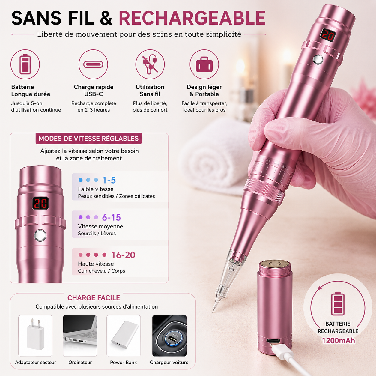 Stylo Dermographe PMU Professionnel Sans Fil Rechargeable – Microneedling, Sourcils, Lèvres & Maquillage Permanent