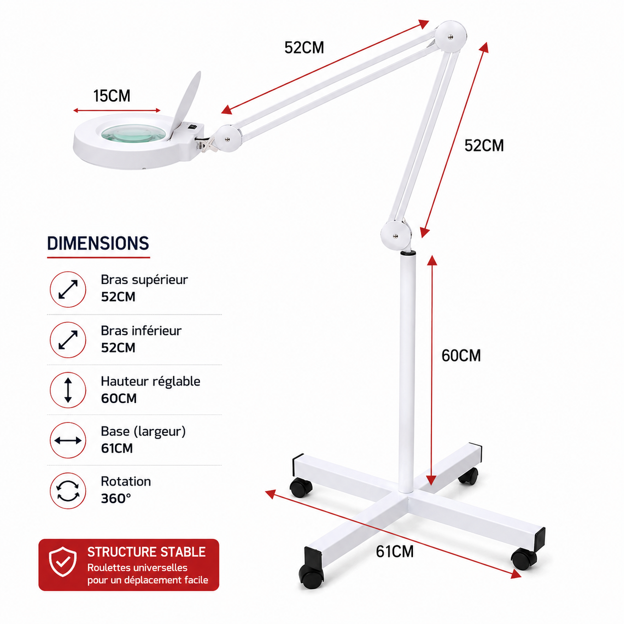Lampe Loupe LED Professionnelle sur Pied à Roulettes – Grossissement jusqu’à 10X pour Esthétique et Soins