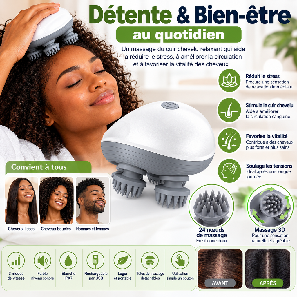 Masseur Électrique du Cuir Chevelu OSK-701 – 4 Têtes de Massage, 3 Vitesses Réglables – 5W – Blanc