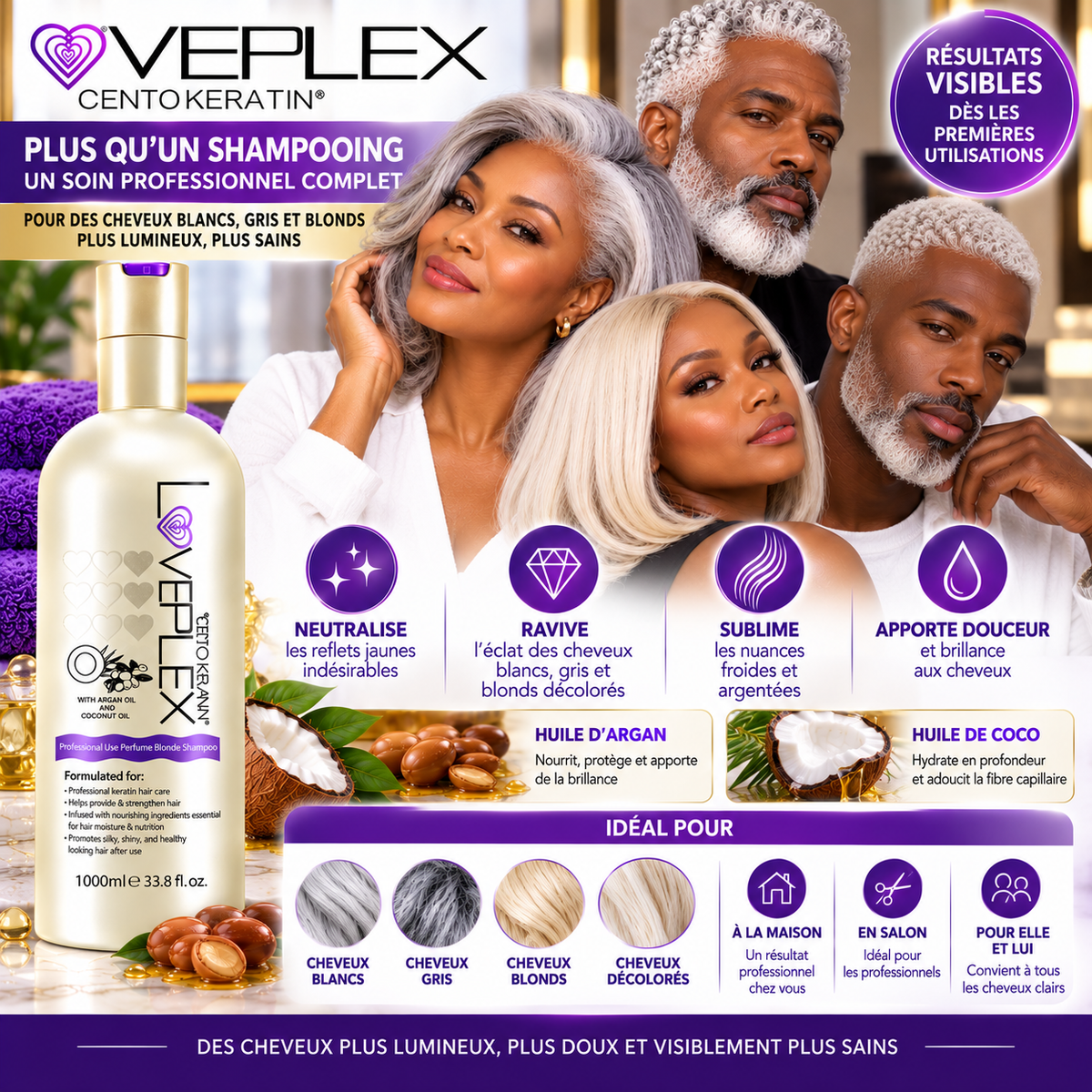 VEPLEX Pro Keratin – Shampooing Violet Déjaunisseur Professionnel – 1000 ml