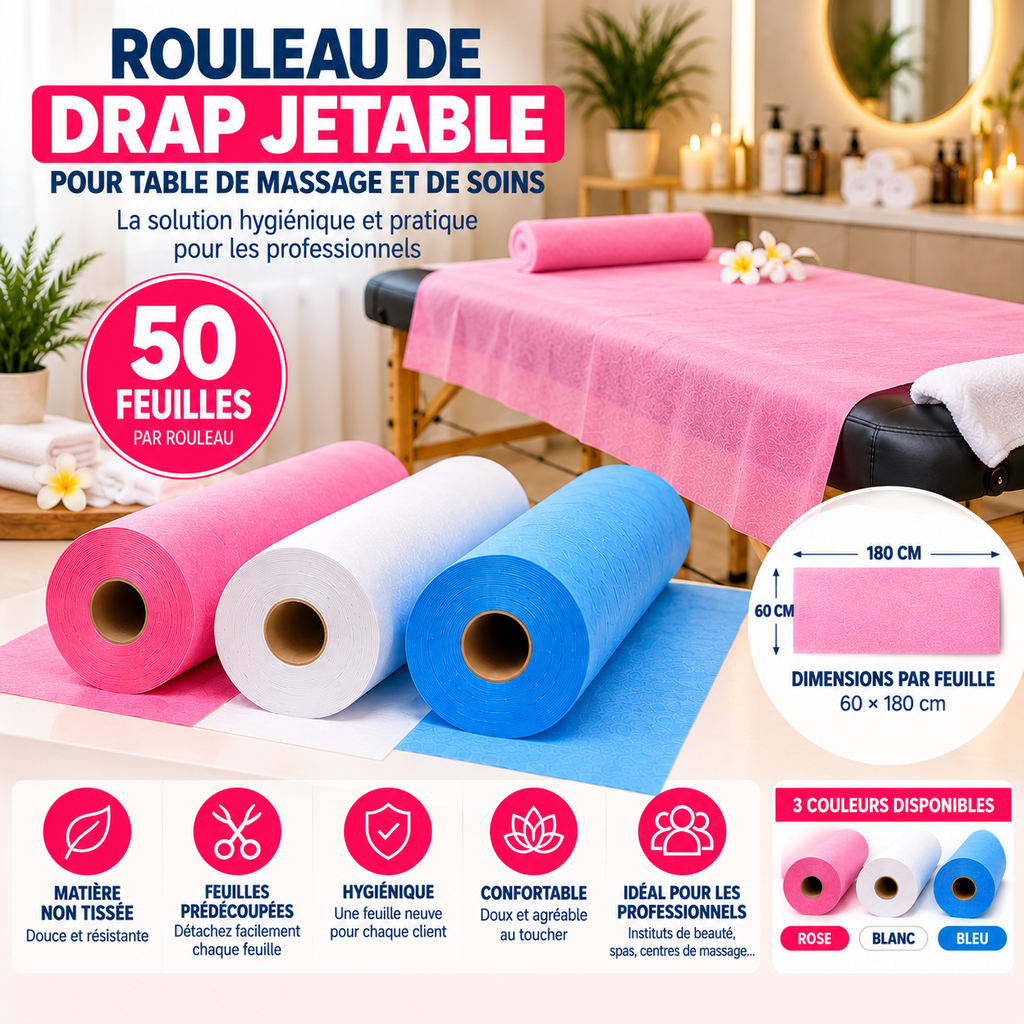 Rouleau Drap Jetable Table de Massage 50 Feuilles 60 x 180 cm - Rose Blanc Bleu