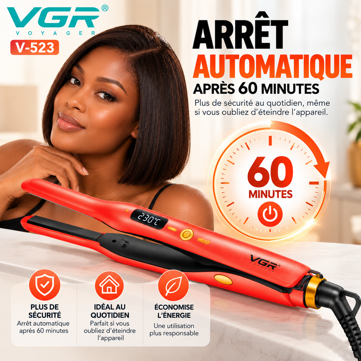 VGR V-523 – Lisseur Professionnel Céramique à Plaques Fines 9 mm, Température Réglable 120–230 °C, Écran LED – Rose Gold