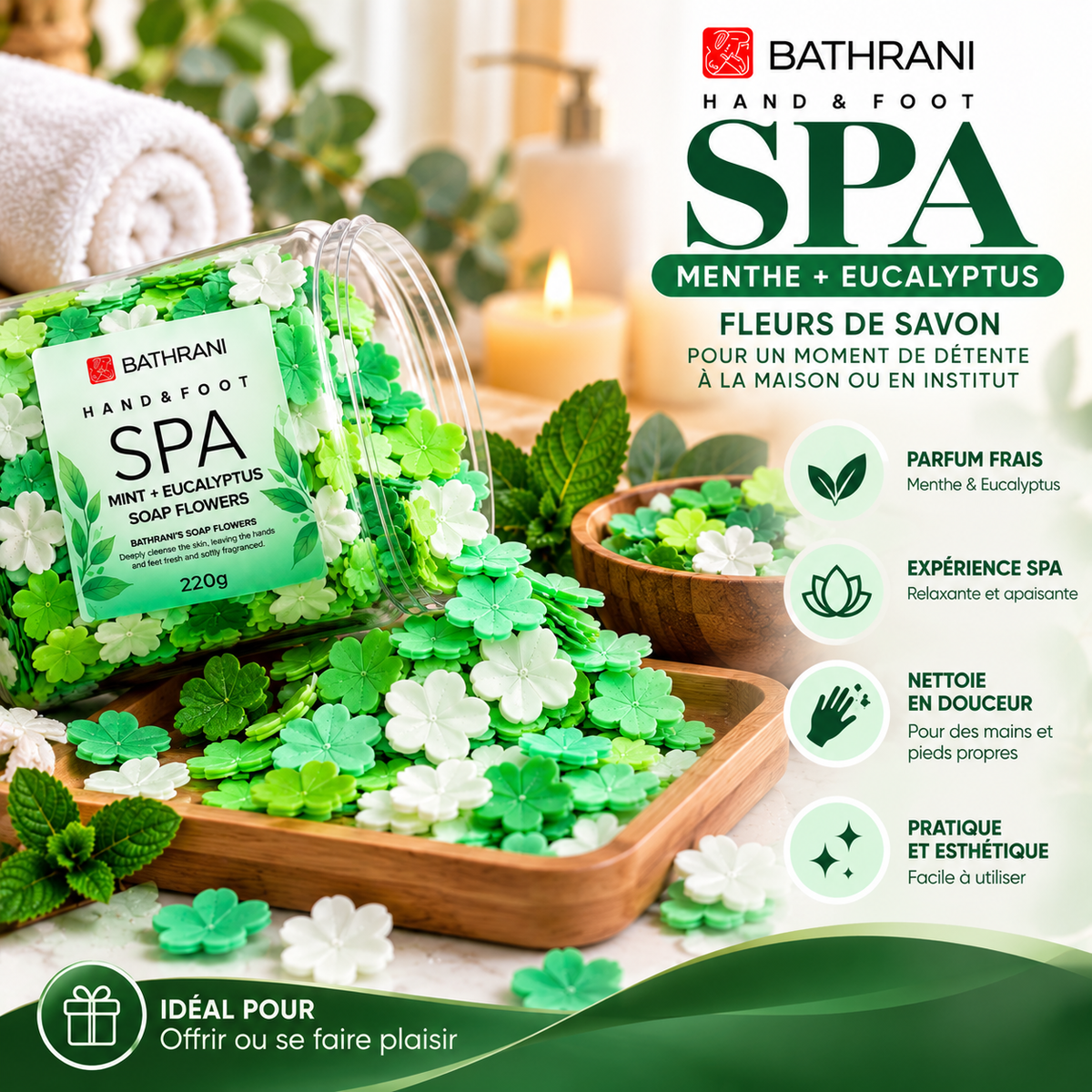BATHRANI Fleurs de Savon Spa Menthe & Eucalyptus Mains & Pieds 220 g / 800g