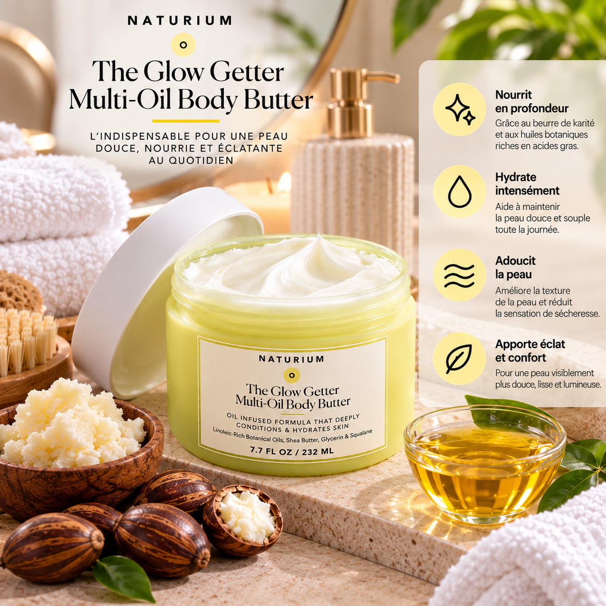 NATURIUM The Glow Getter Multi-Oil Body Butter – Beurre Corporel Nourrissant & Hydratant aux Huiles Végétales – 232 ml