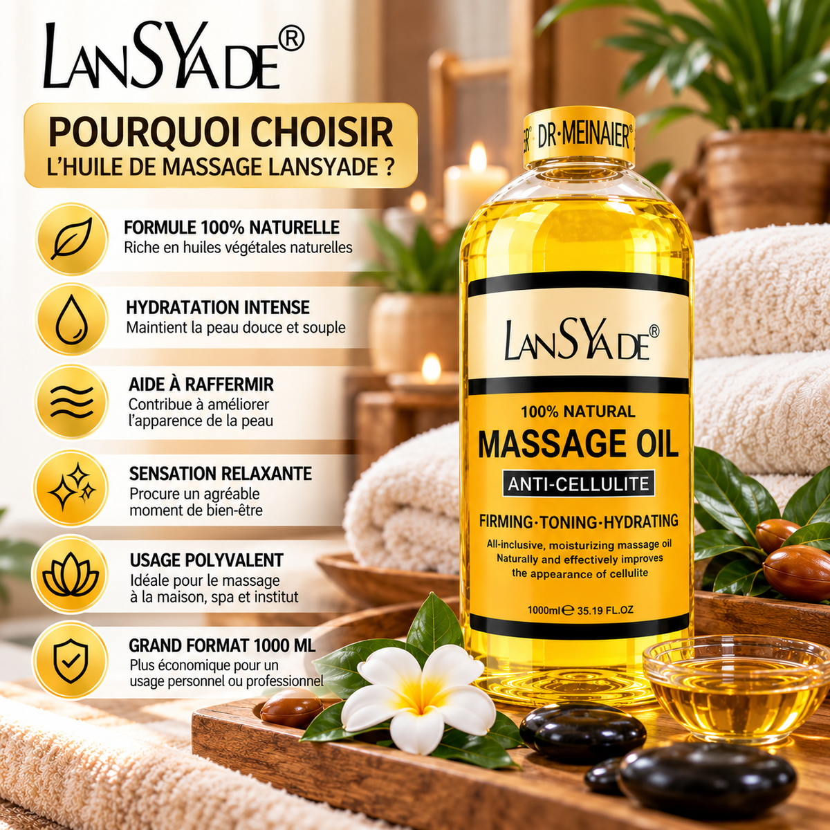 LANSYADE Huile de Massage Corps Anti-Cellulite 1000 ml – Raffermissante & Hydratante