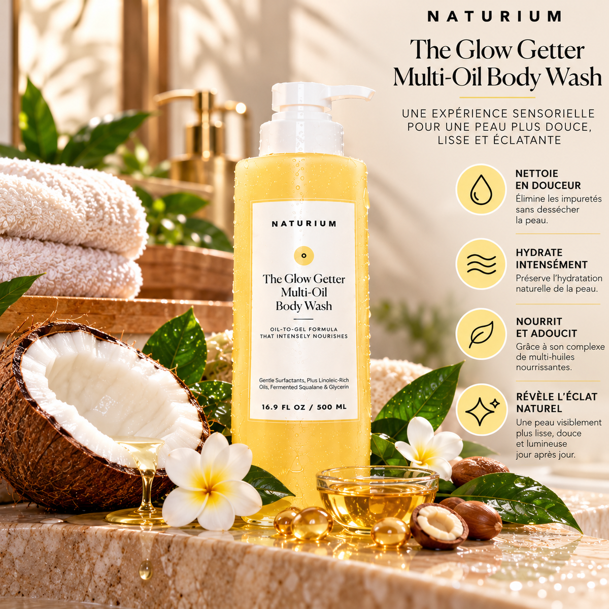 NATURIUM The Glow Getter Multi-Oil Body Wash – Gel Douche Nourrissant aux Huiles & Squalane – 500 ml