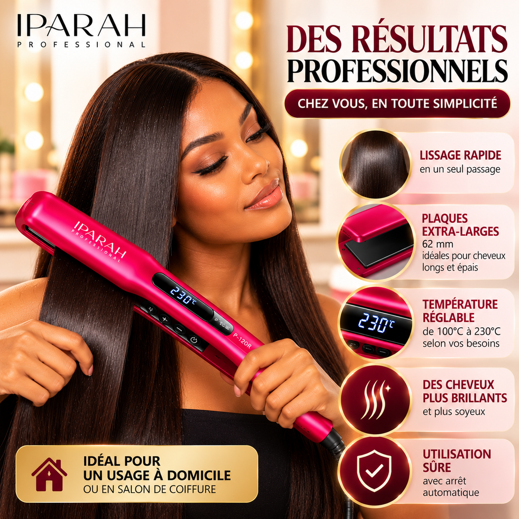 IPARAH P-120R – Lisseur Professionnel à Plaques Extra-Larges 62 mm en Céramique – Écran Digital – Rose Fuchsia