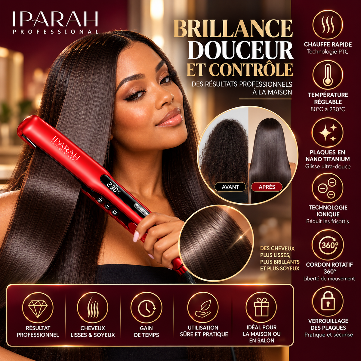 IPARAH Nano Titanium P-108 – Lisseur Professionnel à Plaques Larges 43 mm avec Écran Digital – Rouge