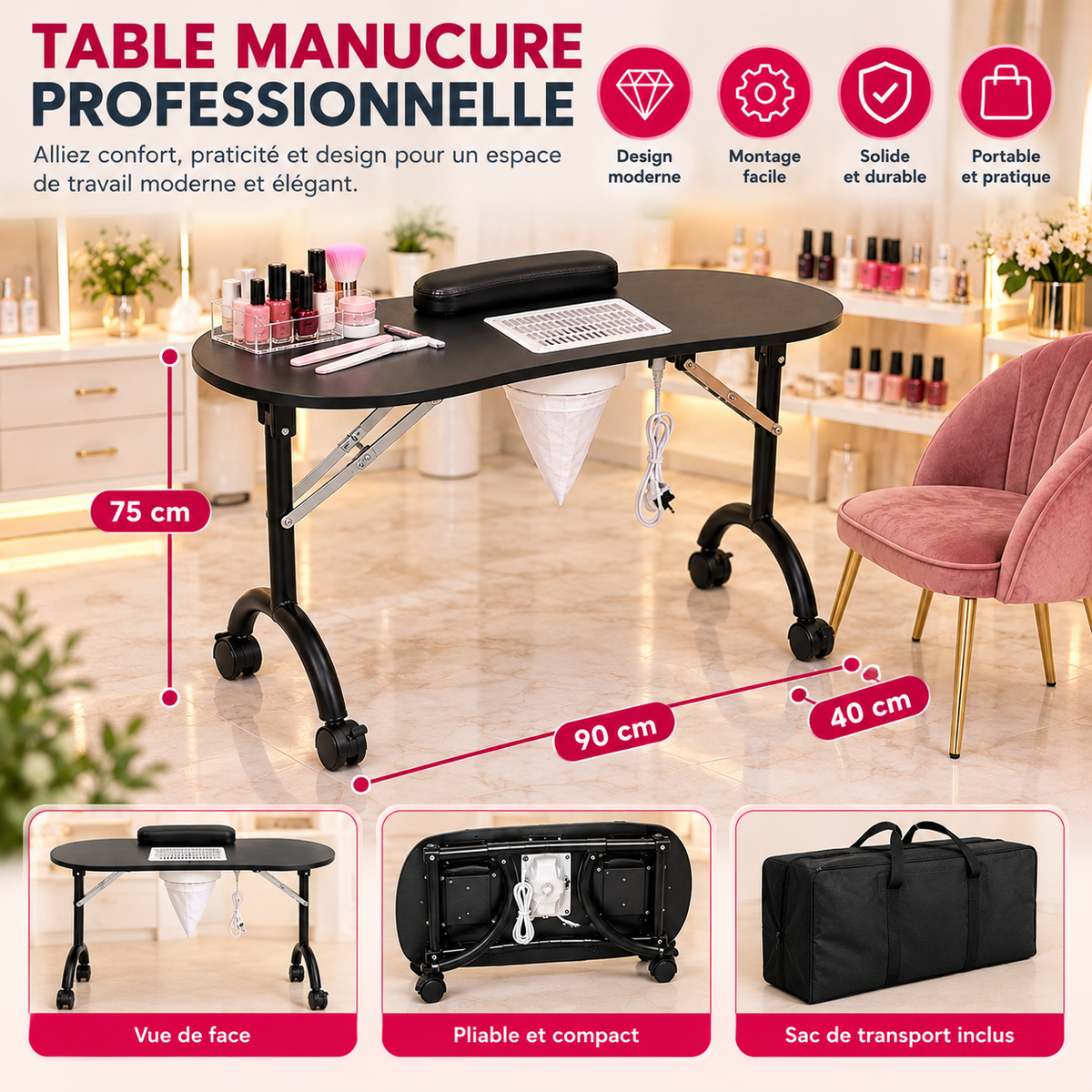 Table De Manucure Professionnelle Pliante Avec Aspirateur À Ongles Intégré, Repose-Mains, Roulettes Et Sac De Transport