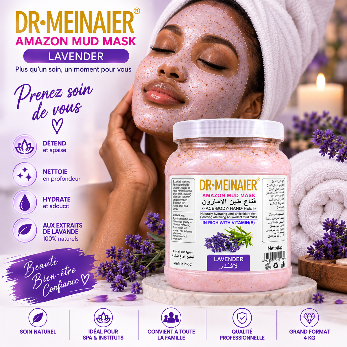 DR.MEINAIER Amazon Mud Mask Lavande & Vitamine E 4 kg – Masque Visage, Corps, Mains & Pieds