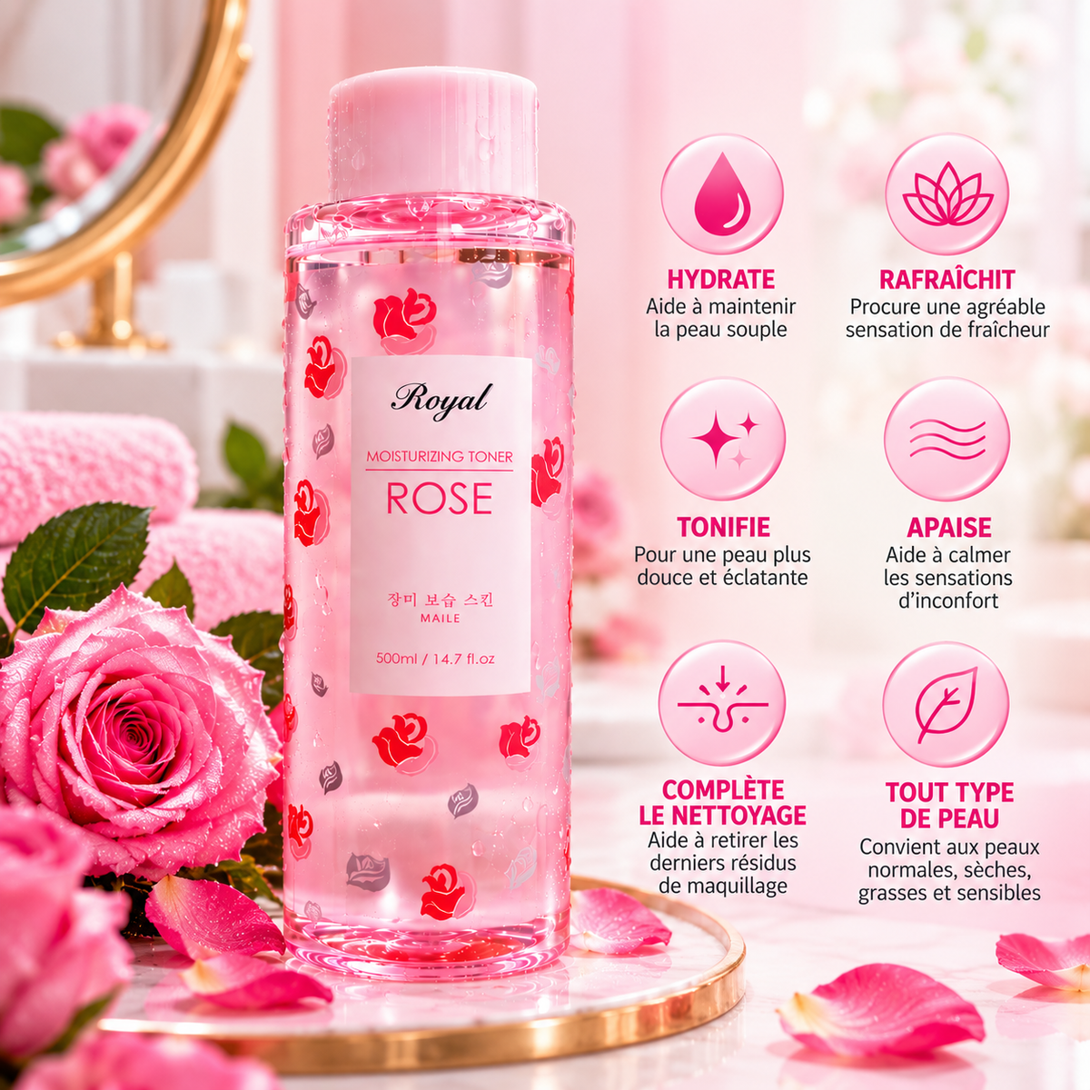 Royal Moisturizing Toner Rose 500 ml – Toner Visage Hydratant à la Rose