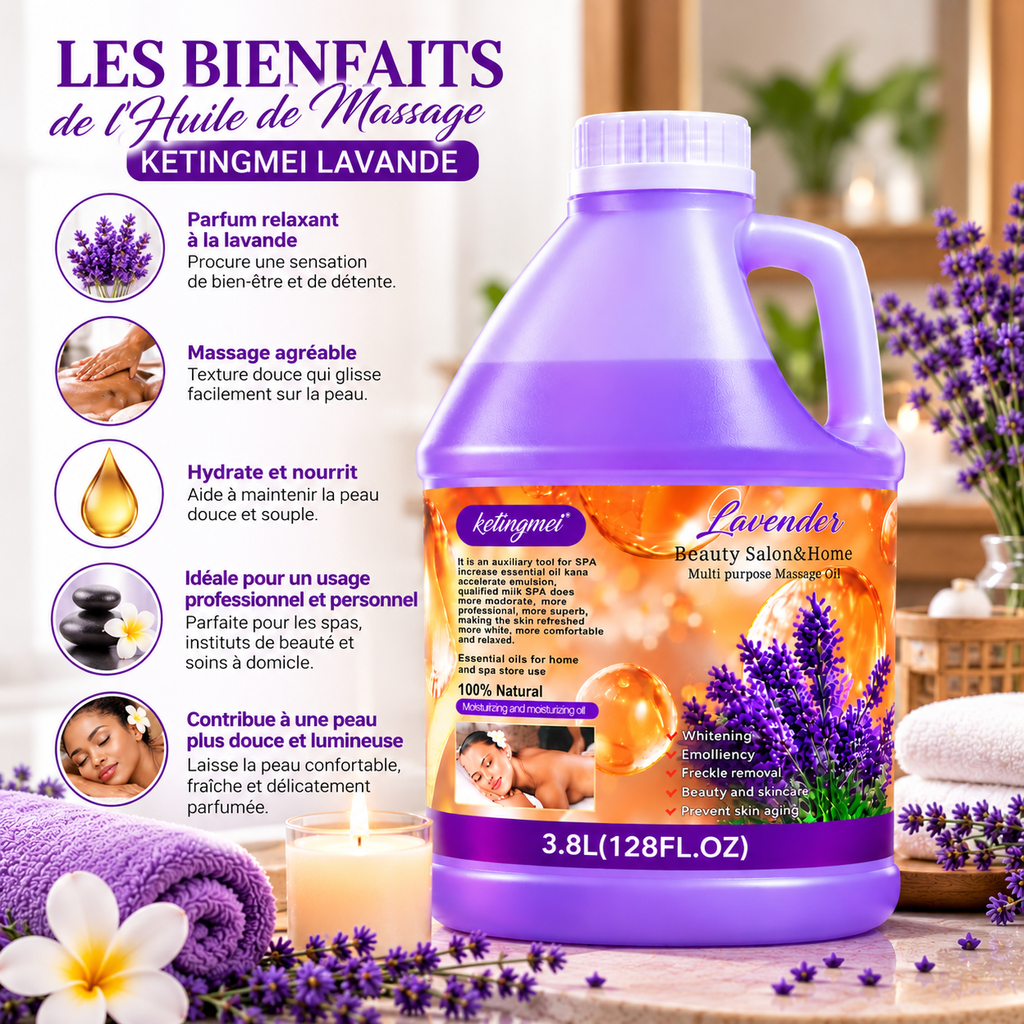 Ketingmei Huile de Massage Corps à la Lavande – Grand Format 3,8 L