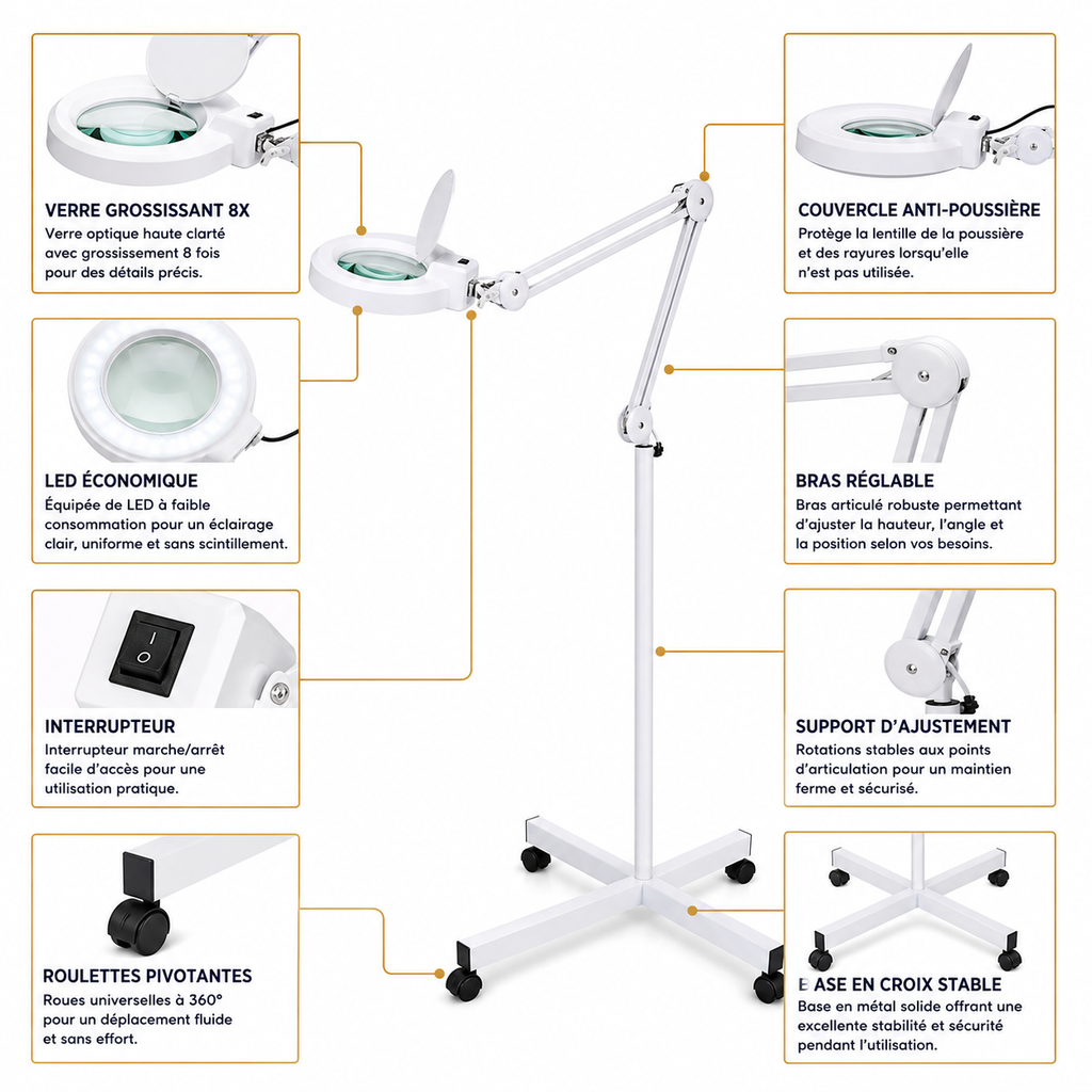 Lampe Loupe LED Professionnelle sur Pied à Roulettes – Grossissement jusqu’à 10X pour Esthétique et Soins