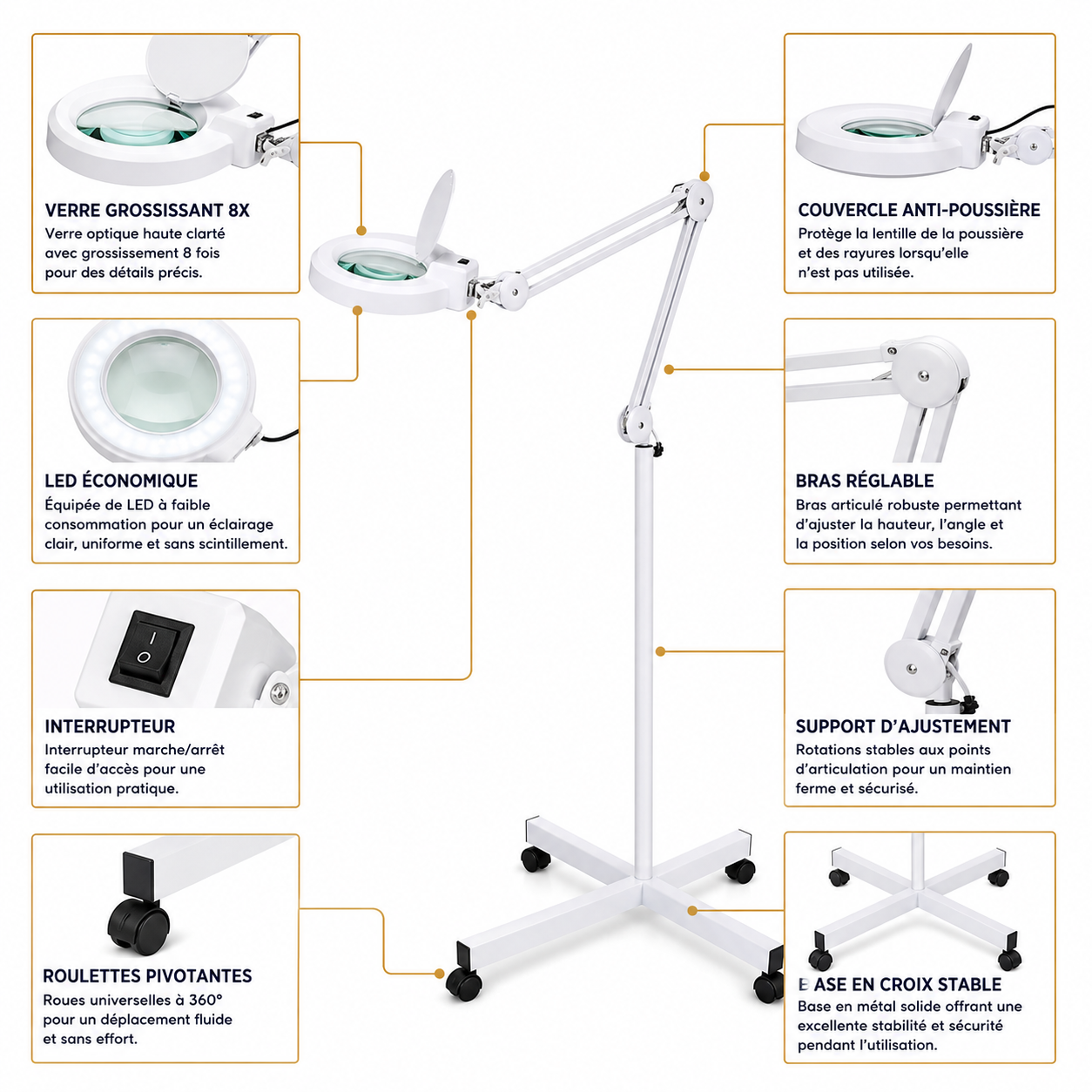 Lampe Loupe LED Professionnelle sur Pied à Roulettes – Grossissement jusqu’à 10X pour Esthétique et Soins