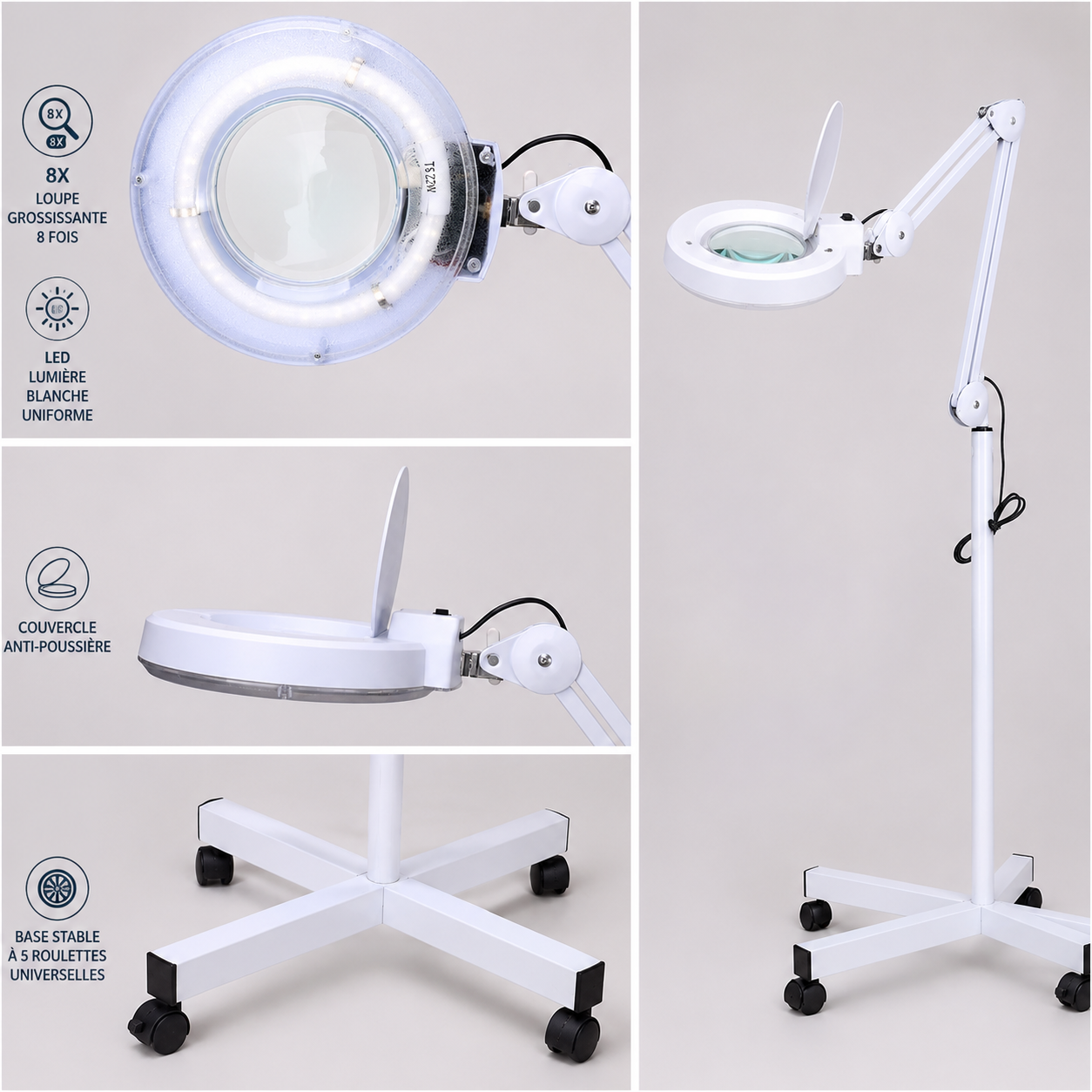 Lampe Loupe LED Professionnelle sur Pied à Roulettes – Grossissement jusqu’à 10X pour Esthétique et Soins