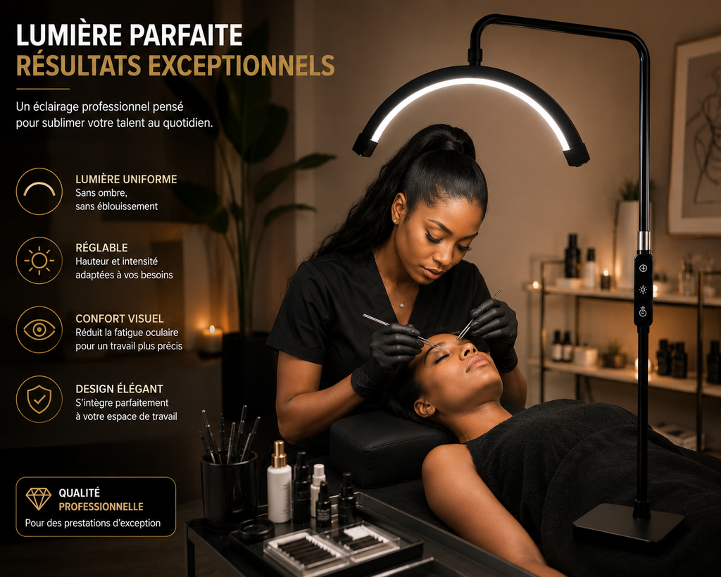 Lampe LED Demi-Lune sur Pied pour Esthéticienne – Éclairage Réglable Professionnel Lash & Beauté