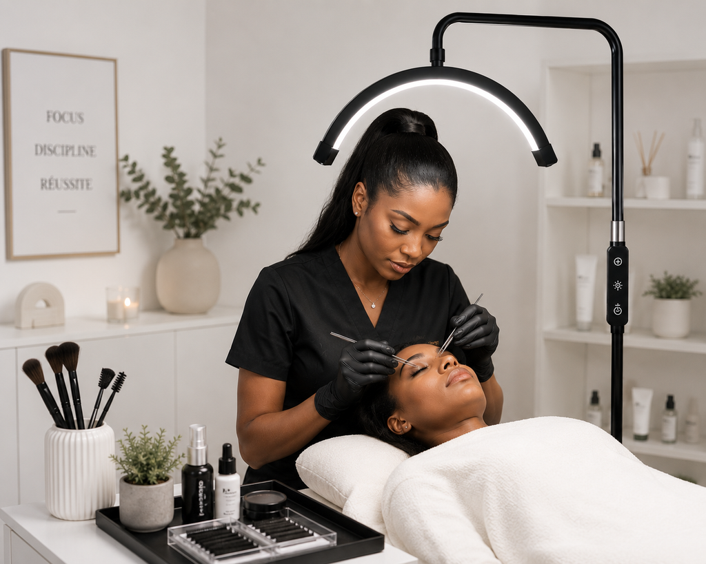 Lampe LED Demi-Lune sur Pied pour Esthéticienne – Éclairage Réglable Professionnel Lash & Beauté