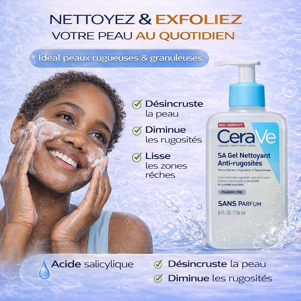 CeraVe SA Gel Nettoyant Anti-Rugosités – Lisse & Exfolie – Visage & Corps 236ml