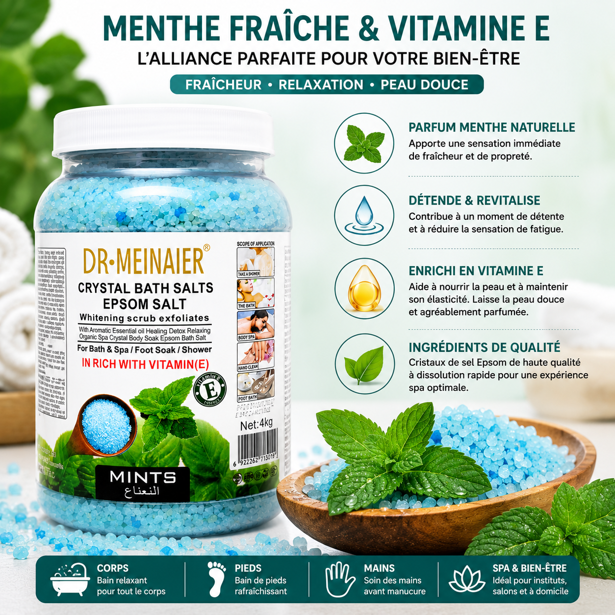 Sels De Bain Epsom Menthe 4KG – Bain Relaxant Rafraîchissant Corps, Mains & Pieds