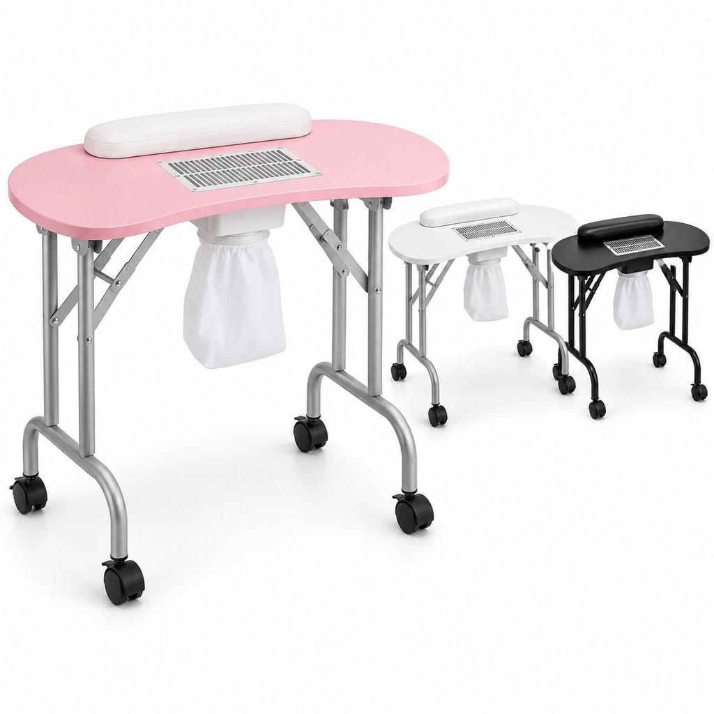 Table De Manucure Professionnelle Pliante Avec Aspirateur À Ongles Intégré, Repose-Mains, Roulettes Et Sac De Transport