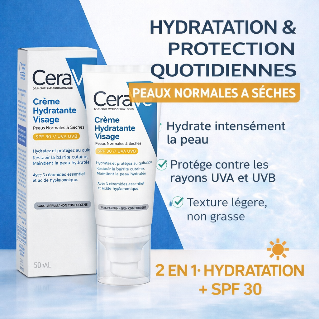 CeraVe Crème Hydratante Visage SPF30 – Hydratation & Protection UV – Peaux Normales à Sèches