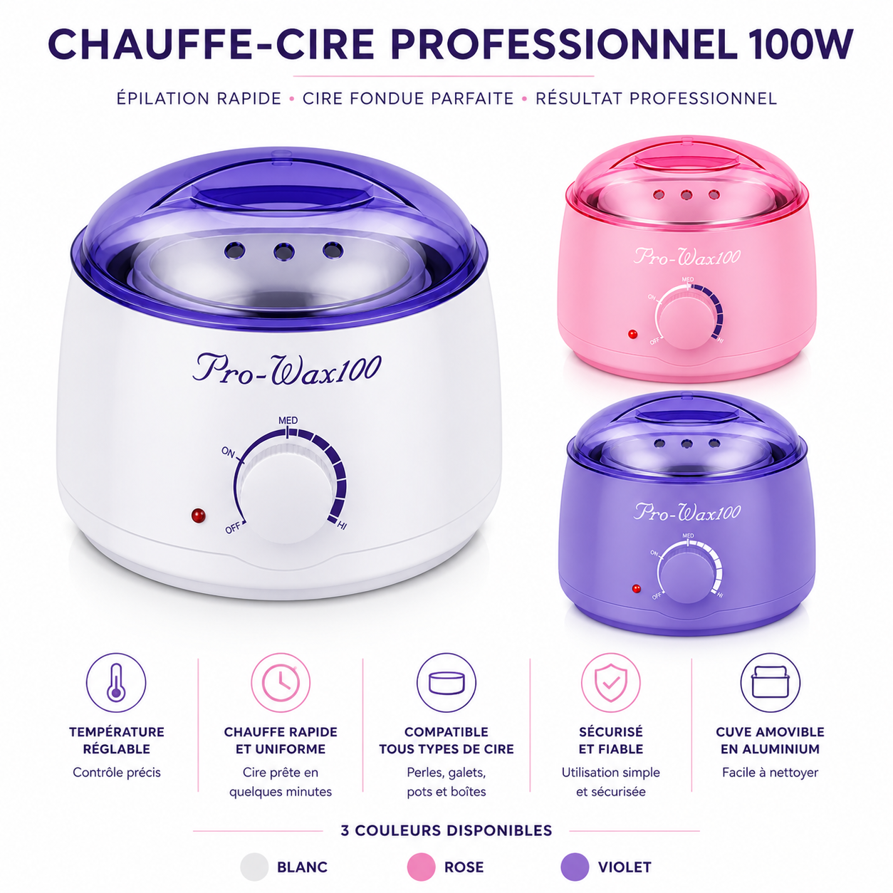 Chauffe-Cire Professionnel 100W – Pot Épilatoire Électrique (Blanc, Rose, Bleu)