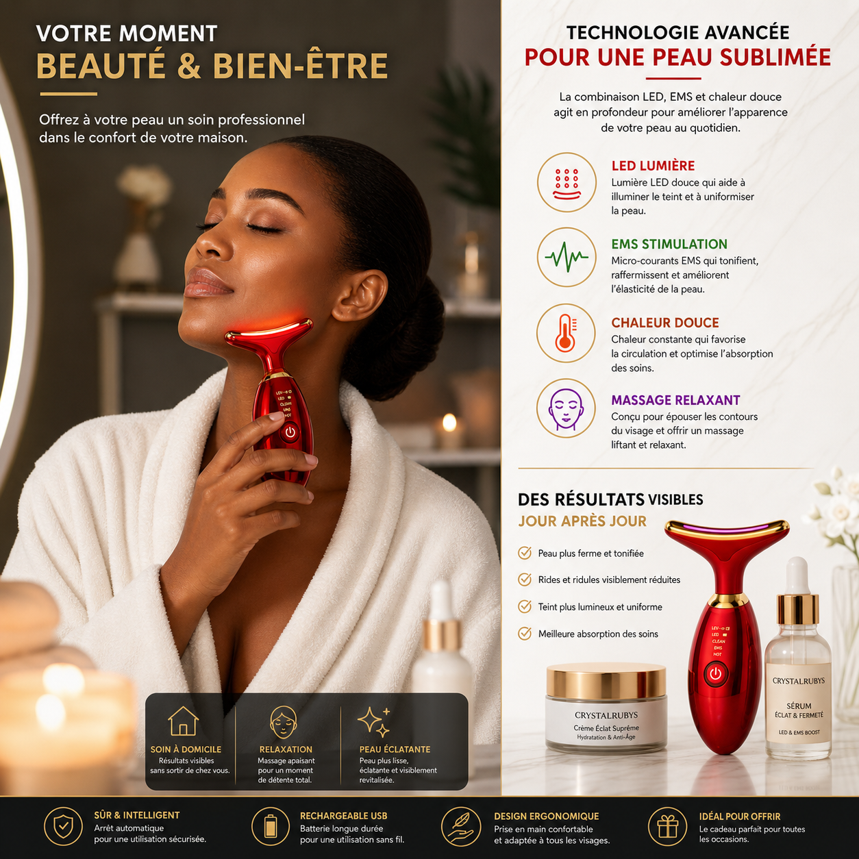 Appareil de Massage Visage LED & EMS 7 Couleurs – Outil Beauté Électrique Éclat & Détente (Blanc / Noir / Rouge)