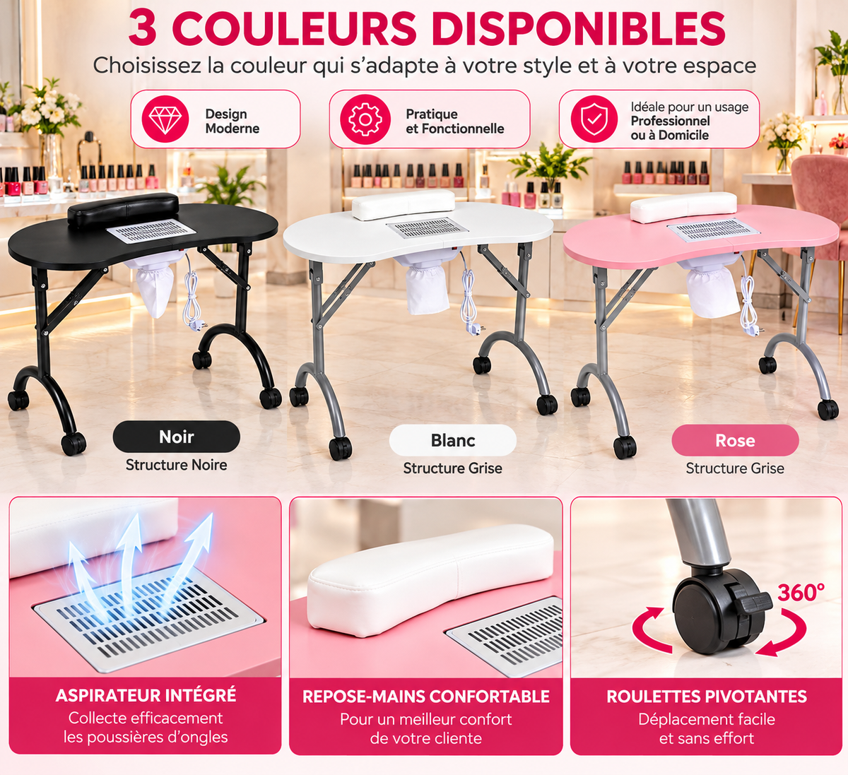 Table De Manucure Professionnelle Pliante Avec Aspirateur À Ongles Intégré, Repose-Mains, Roulettes Et Sac De Transport