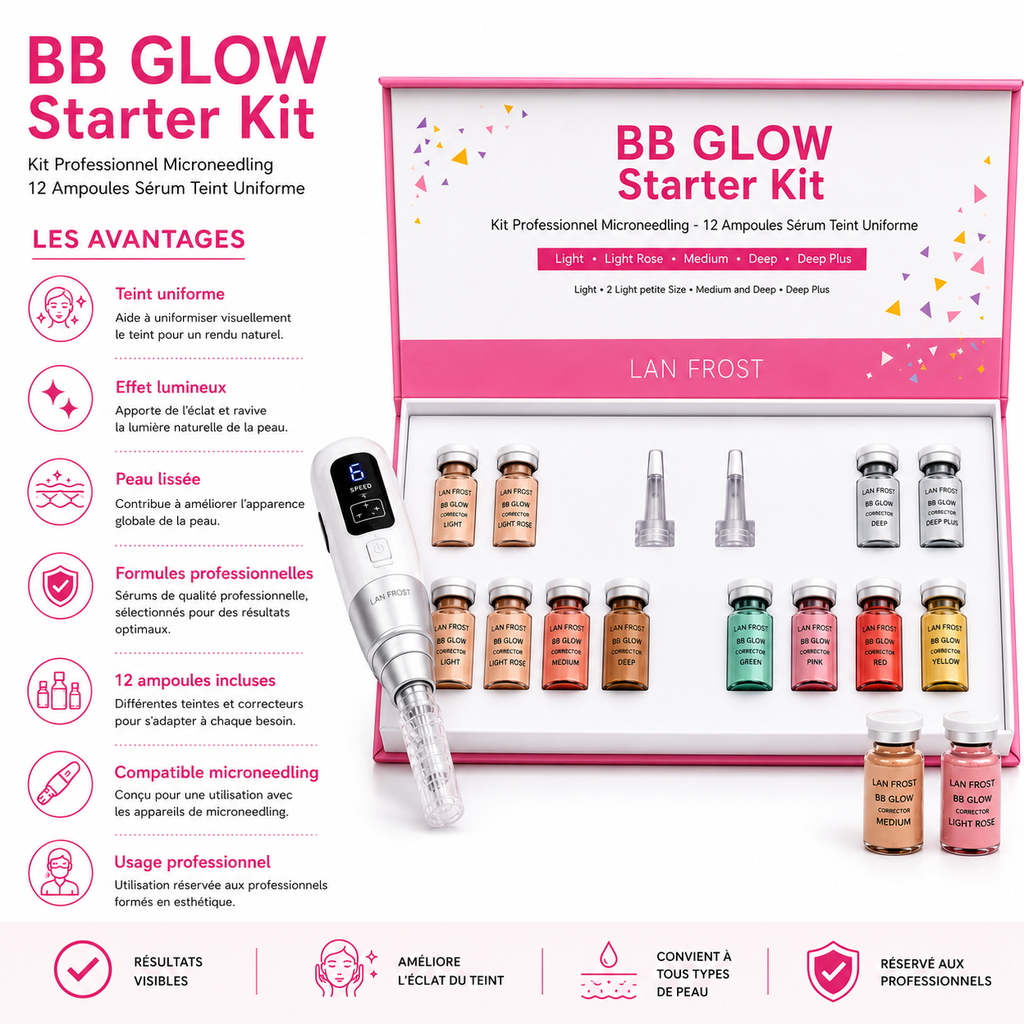 BB Glow Starter Kit Professionnel – Kit Microneedling avec 12 Ampoules Sérum Teint Uniforme -Usage Institut & Esthéticienne
