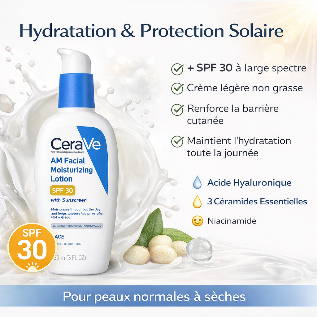 CeraVe AM Facial Moisturizing Lotion SPF 30 – Hydratant Visage avec Protection Solaire – 89ml