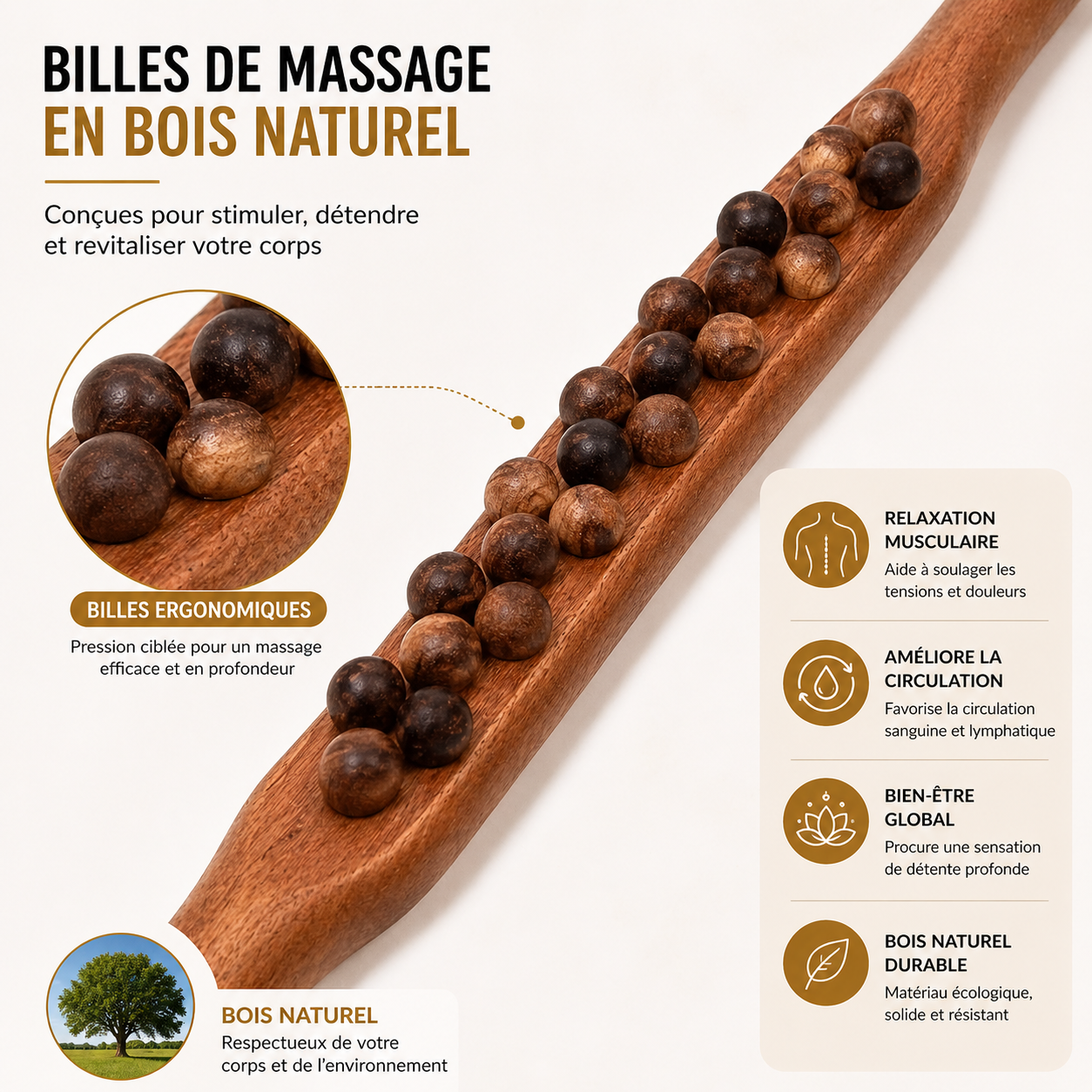 Bâton de Massage en Bois à Billes – Relaxation Musculaire & Anti-Tensions Corps